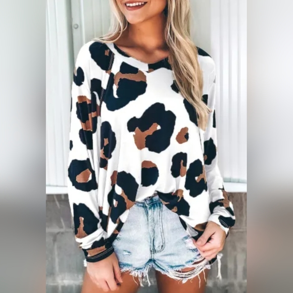 NEW! White Leopard Print Casual Loose Long Sleeve Top - Picture 6 of 14